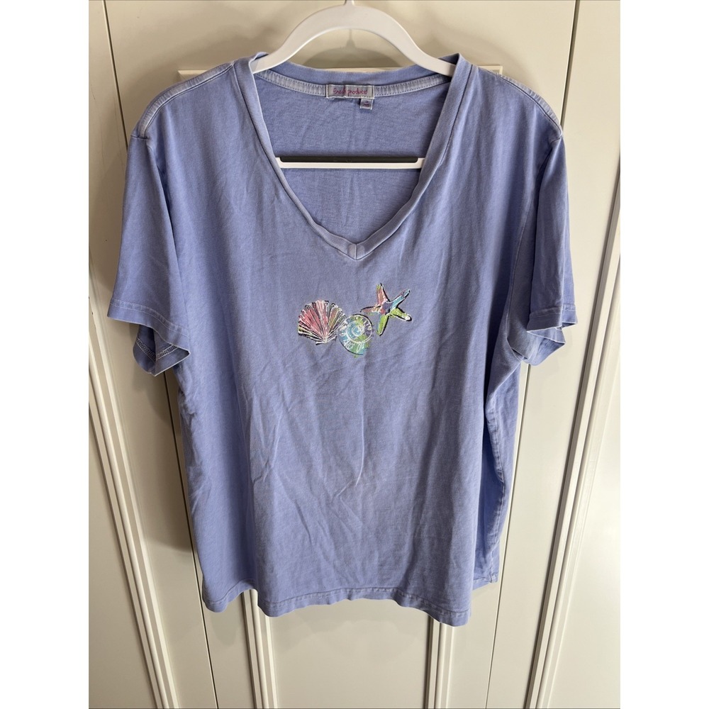 Fresh Produce Purple V Neck T Shirt Starfish Sea Shell Cotton Beach Coastal USA